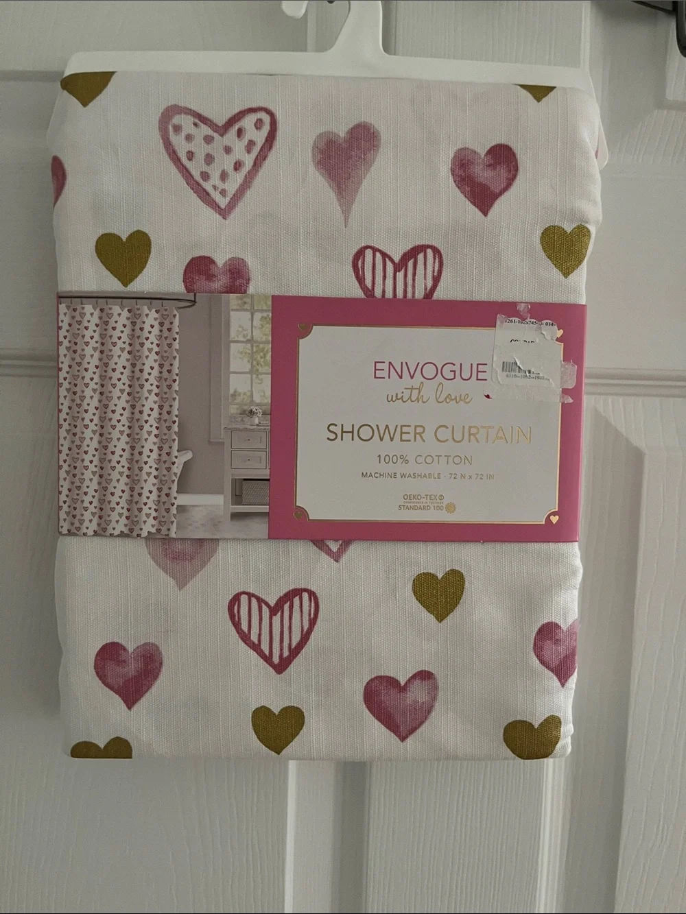 Envogue Pink & Gold Heart Cotton Shower Curtain - Romantic Print